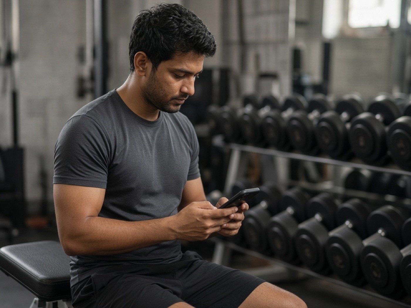 Member checking a phone between sets beside a dumbbell rack