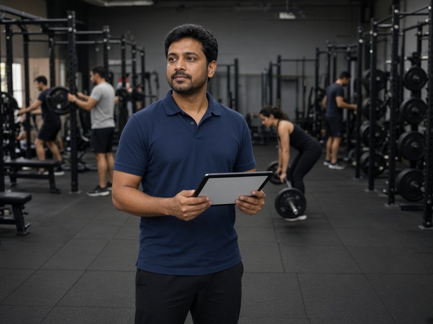 Gym owner on the floor with a tablet while members train