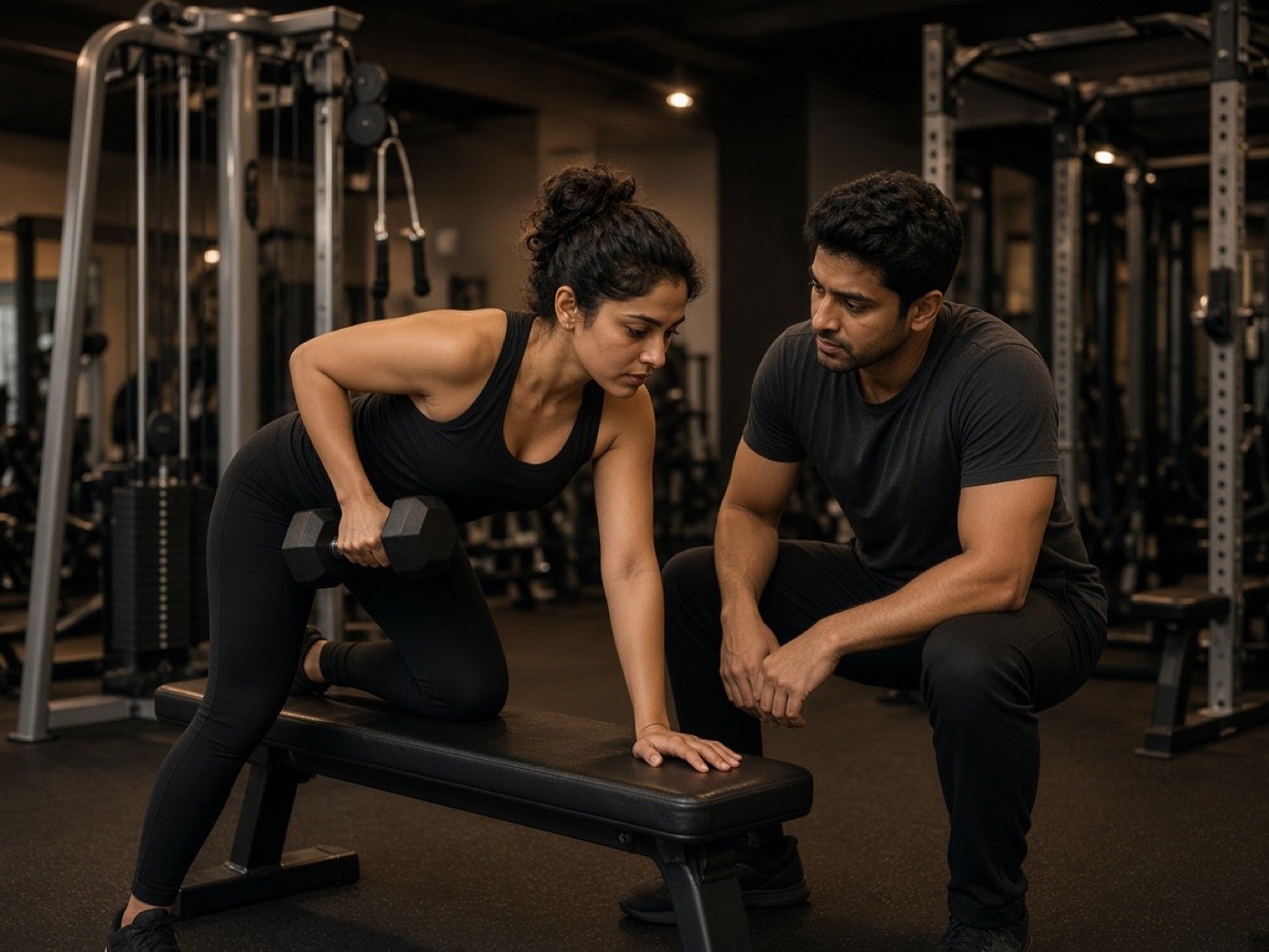 Trainer coaching a member through a dumbbell row